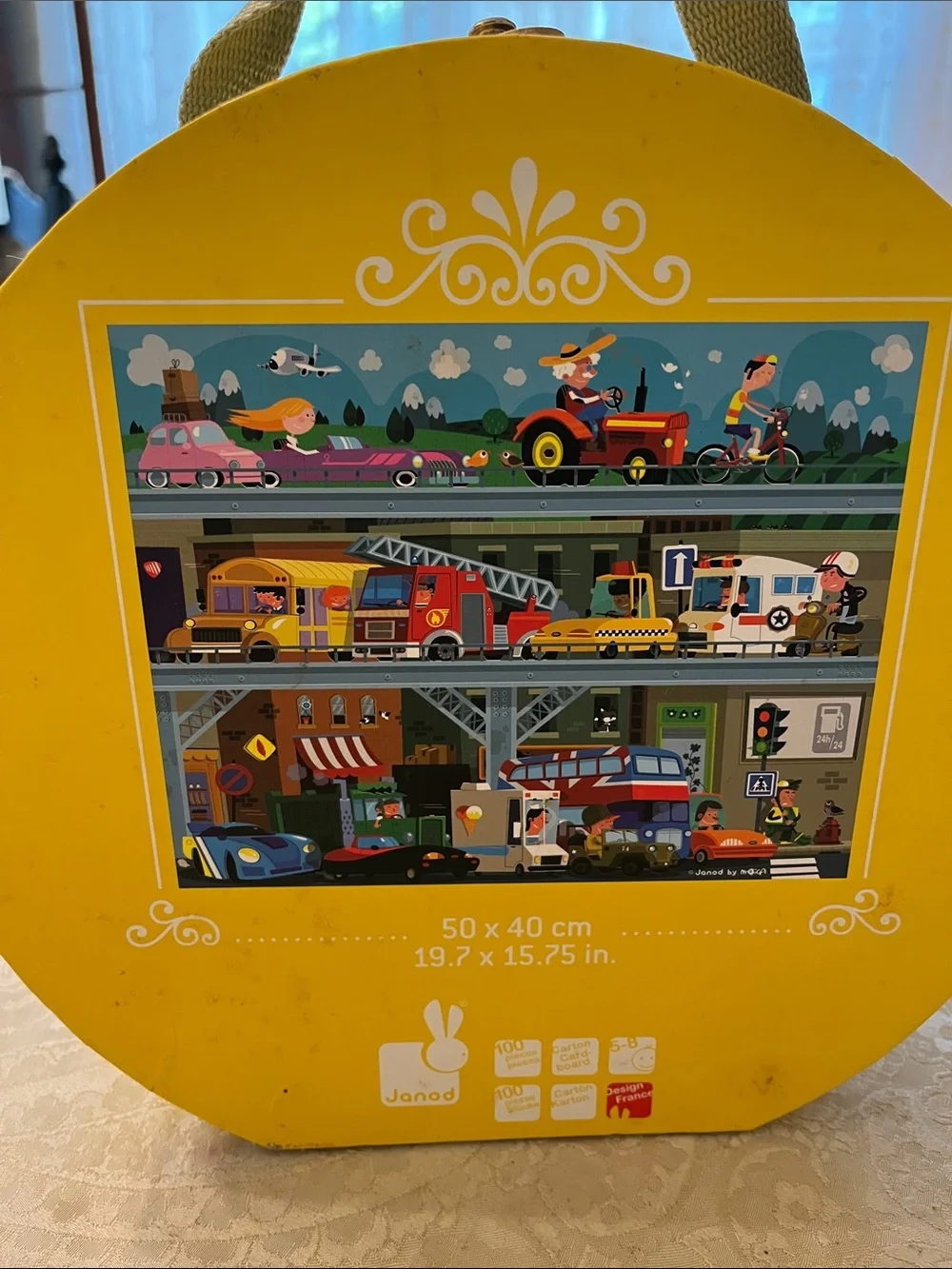 Janod Round Kids Puzzle & Play Case - Blue/Yellow Vehicle Print EUC
